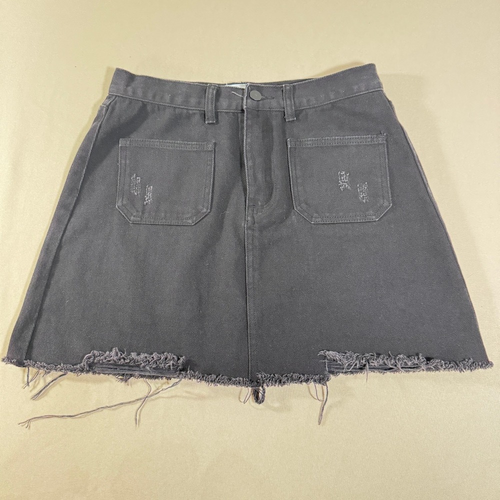 Anthropologie SAGE THE‎ LABEL Distressed Denim Mini Skirt Black Raw Hem Size M